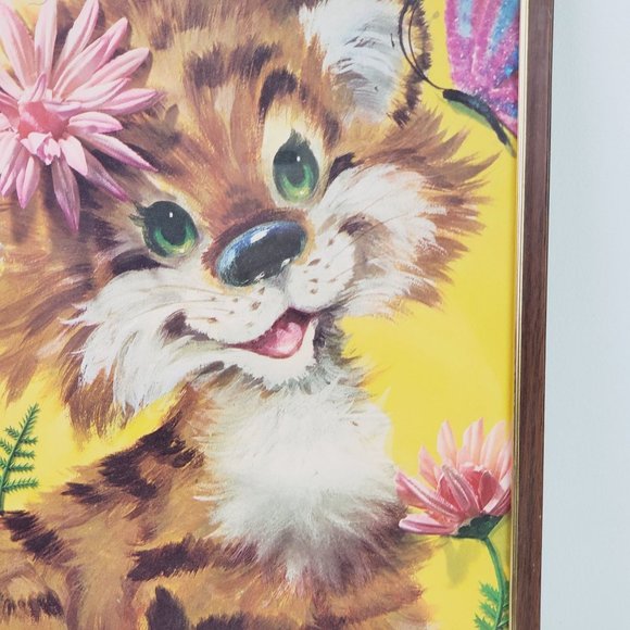 Vintage 1970's Nursery Art Lot Framed Big Animal Elephant & Tiger Kitty - Picture 7 of 13